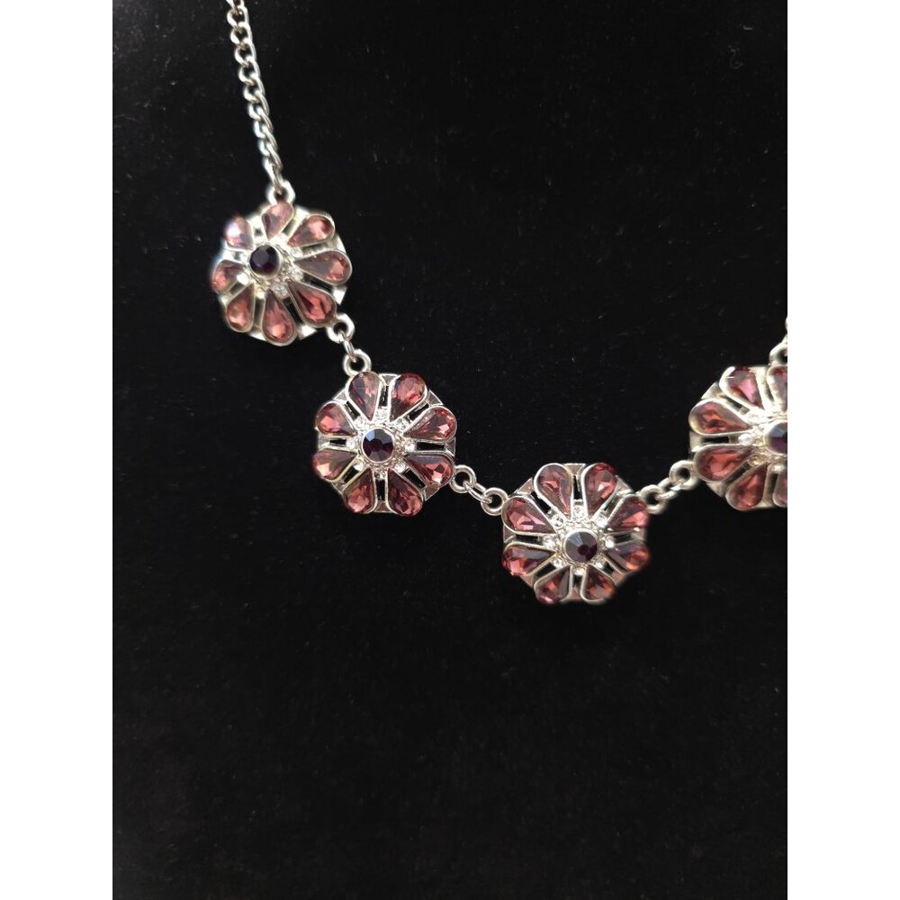Christopher & Banks Silver-Toned Floral Design Violet-Rose Rhinestone Necklace - Picture 3 of 4